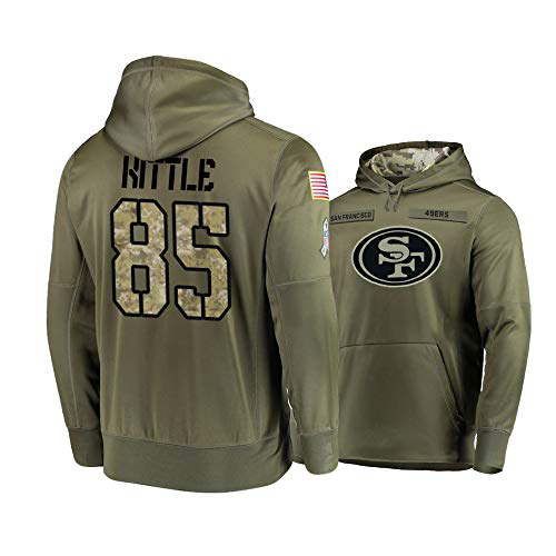 Men's San Francisco 49ers #85 George Kittle 2019 Olive Salute To Service Sideline Therma Performance Pullover Hoodie